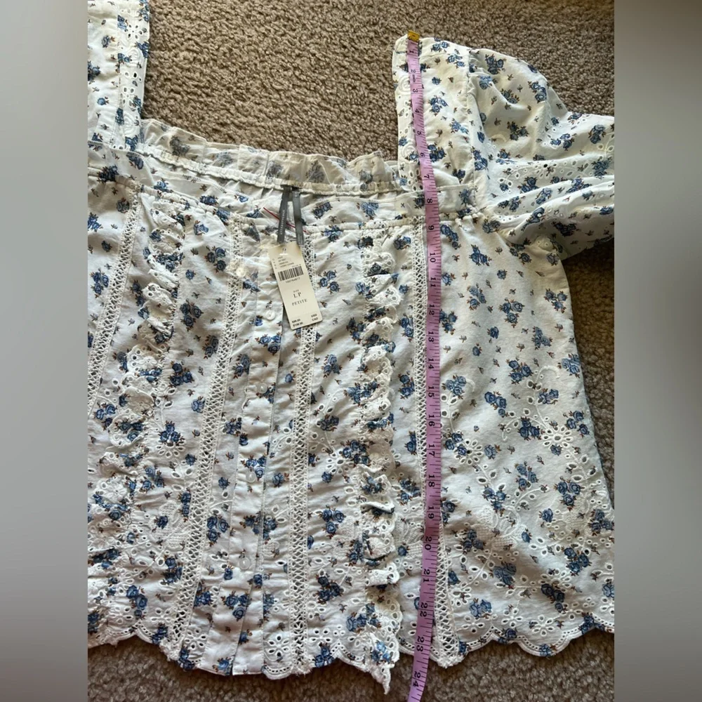 NWT By Anthropologie Puff-Sleeve Eyelet Top size LP Ivory Blue Floral Print Boho